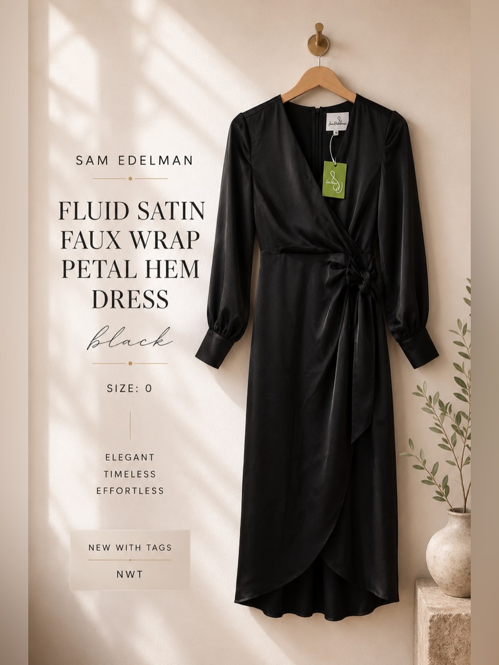 Sam Edelman Fluid Satin Faux Wrap Petal Hem Dress Black Size 0 NWT
